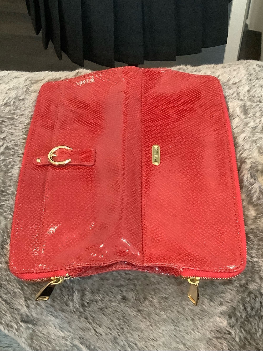 Perlina Red Zip-Around clutch bag with Gold trim
